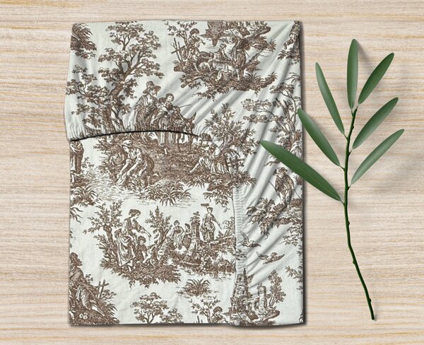 Ervi FLANELOVÉ napínací prostěradlo - Toile de Jouy Caramel