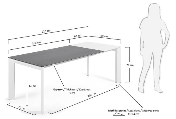 Kave Home Antracitově šedý keramický rozkládací jídelní stůl Axis 160/220 x 90 cm, bílá podnož