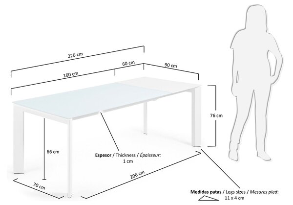 Bílý skleněný rozkládací jídelní stůl Kave Home Axis 160/220 x 90 cm