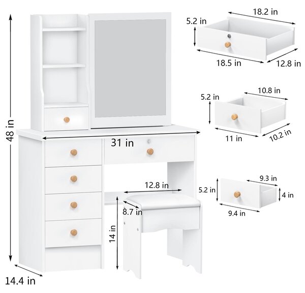 Toaletní stolek se zrcadlem - 6 zásuvek na kosmetiku a šperky - moderní, minimalistický noční stolek do ložnice