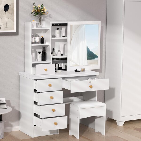 Toaletní stolek se zrcadlem - 6 zásuvek na kosmetiku a šperky - moderní, minimalistický noční stolek do ložnice