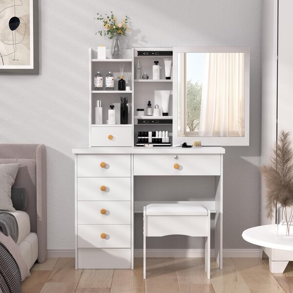 Toaletní stolek se zrcadlem - 6 zásuvek na kosmetiku a šperky - moderní, minimalistický noční stolek do ložnice