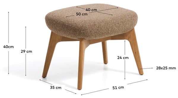 Kave Home Hnědá čalouněná podnožka Adiran 51 x 40 cm s dubovou podnoží