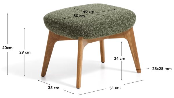 Kave Home Zelená čalouněná podnožka Adiran 51 x 40 cm s dubovou podnoží