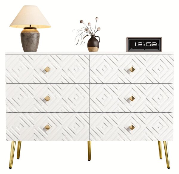 Moderní komoda se šesti zásuvkami, rozměry 120x40x80 cm, v elegantní bílé barvě s zlatými detaily