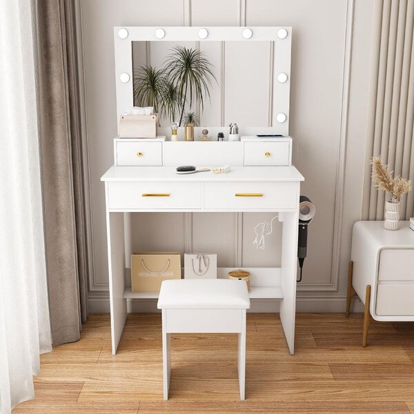 Toaletní stolek se čtyřmi zásuvkami a pohodlnou stoličkou, v elegantní bílé barvě, ideální do ložnice