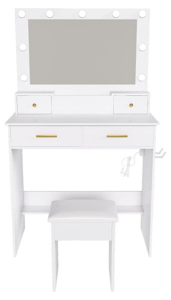 Toaletní stolek se čtyřmi zásuvkami a pohodlnou stoličkou, v elegantní bílé barvě, ideální do ložnice