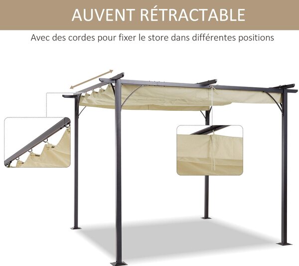 Pergola 3x3 metry – Zahradní přístřešek – Výsuvná střecha – Voděodolný polyester – Béžová barva