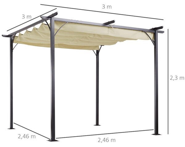 Pergola 3x3 metry – Zahradní přístřešek – Výsuvná střecha – Voděodolný polyester – Béžová barva