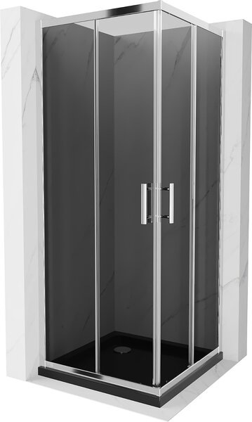 Mexen Rio, čtvercový sprchový kout s posuvnými dveřmi 90 x 90 cm, 5mm šedé sklo, chromový profil + černá sprchová vanička, 860-090-090-01-40-4070