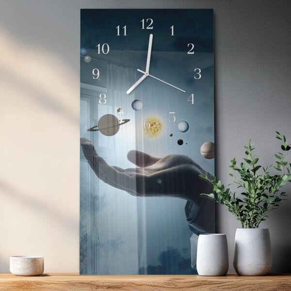 Skleněné hodiny vertikální Ruka planety zsppb-30x60-00090468