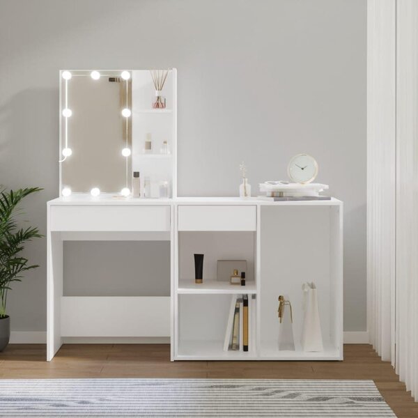Psací stůl s úložným prostorem a LED osvětlením, bílý, moderní design, s USB portem