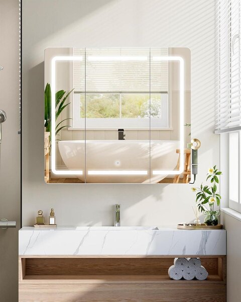 Zrcadlová skříňka do koupelny s LED osvětlením, 3 barvy, rozměry 16,5 x 75 x 80 cm