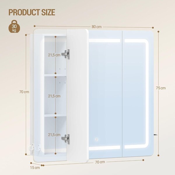 Zrcadlová skříňka do koupelny s LED osvětlením, 3 barvy, rozměry 16,5 x 75 x 80 cm