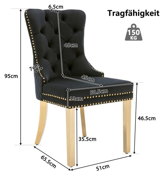 Jídelní židle - Židle - Židle s opěradlem ve tvaru sedáku - Designová židle - Židle do jídelny - Černý samet - Nohy z nerezové oceli zlaté barvy