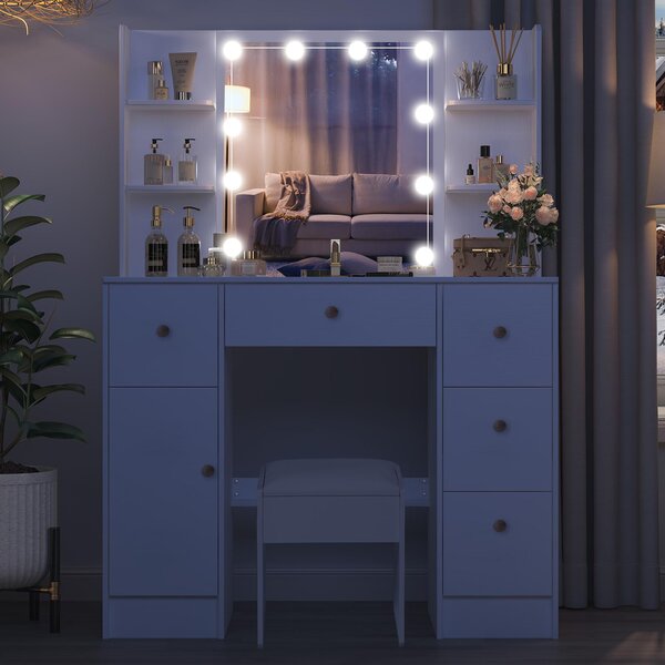Kosmetický stolek se zrcadlem - šířka 40 cm - dřevo - LED osvětlení - bílá barva