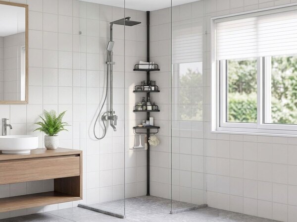 Rohový koupelnový regál s nastavitelnou výškou ORDIVA, černý