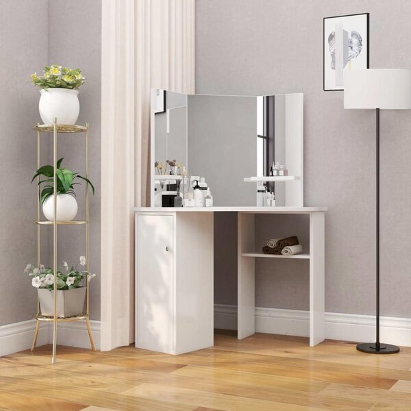 Bílá komoda s úložným prostorem a skleněnou deskou, rozměry 111x54x141 cm, vyrobená z MDF, s trojdílným zrcadlem a policemi