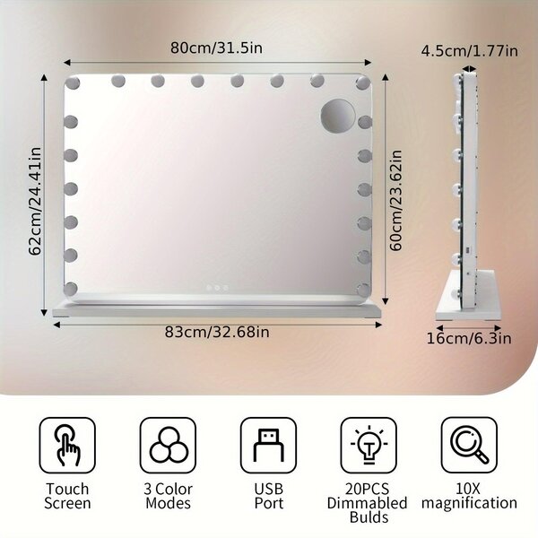 Zrcadlo do make-upu ve stylu Hollywoodu – Zrcadlo do make-upu – Zrcadlo s osvětlením – LED zrcadlo – Zrcadlo s lampičkou – 80 x 60 cm