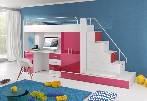 Dětská patrová postel DARCY V COLOR, 80x200, univerzální orientace, bílá/růžová lesk