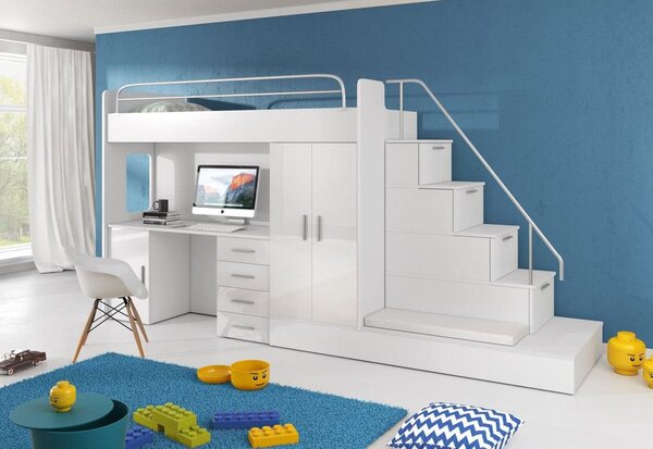 Dětská patrová postel RAJ V COLOR, 80x200, univerzální orientace, bílá/bílá lesk