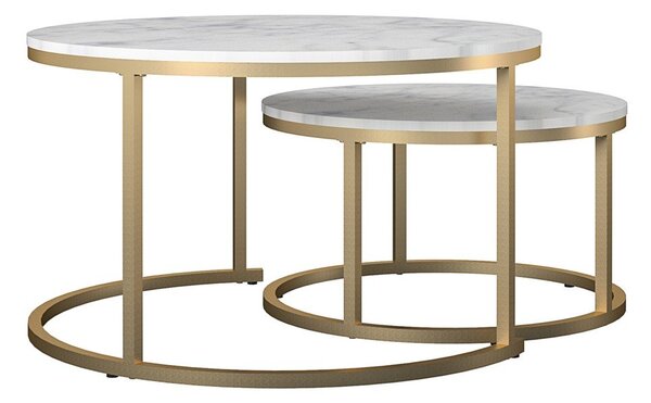 Bílé/ve zlaté barvě kulaté konferenční stolky v sadě 2 ks s deskou v dekoru mramoru ø 79 cm Amelia – CosmoLiving by Cosmopolitan