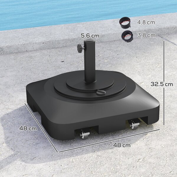 Stojan na slunečník Outsunny do 25 kg, plnitelný s kolečky, čtvercový držák slunečníku, stabilizátor pro slunečníky s průměrem Ø38/48 mm, vhodný na ba