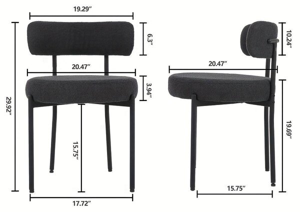Jídelní židle - Kuchyňská židle - Židle - Židle s opěradlem ve tvaru sedáku - Sada 4 kusů - Potah z materiálu bouclé - Černý kovový rám