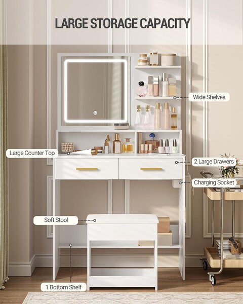 Kosmetický stolek s elegantním designem a kompaktními rozměry, ideální do ložnice – moderní nábytek