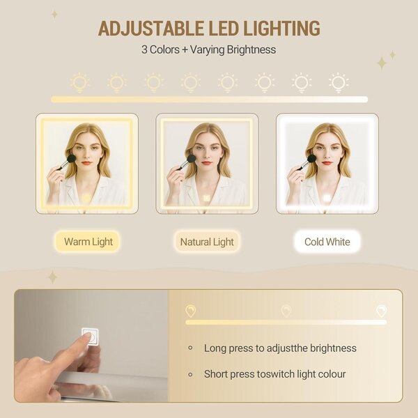 Velký toaletní stolek s LED osvětlením, s možností nastavení 3 barev, se zrcadlem, s 9 zásuvkami, otevřenými přihrádkami a v moderním stylu