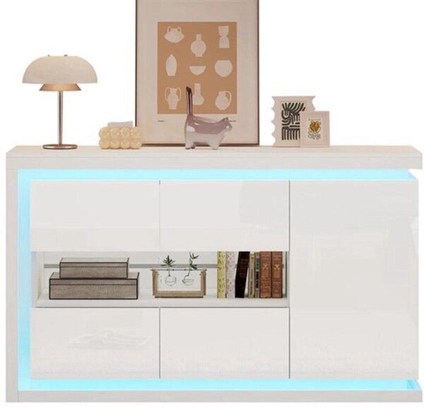 Moderní komoda s bílým lesklým povrchem, skleněnými dvířky a LED osvětlením