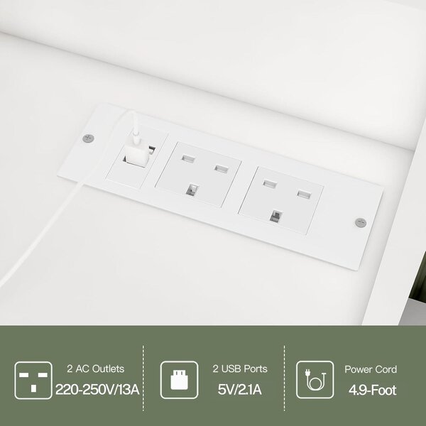 Kosmetický stolek s úhlovým designem, LED zrcadlem a zásuvkou. Obsahuje 8 zásuvek a 6 polic