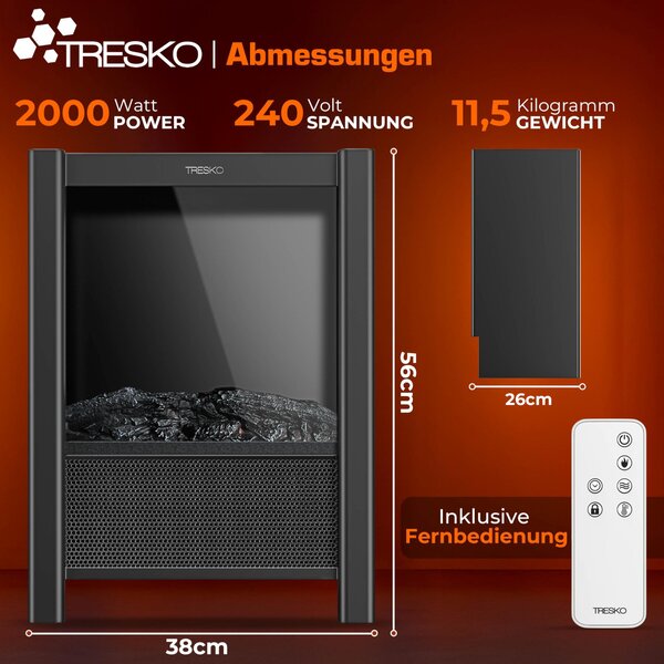 Moderní elektrický krb s otevřeným designem, samostatně stojící - 2000W, černý kovový rám s LED plamenem a inteligentním ovládáním