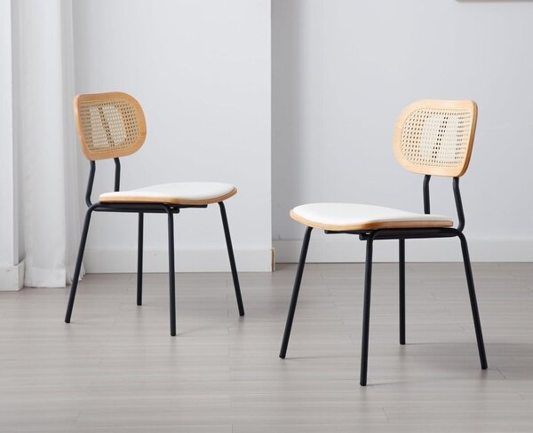 Jídelní židle - Židle - Kuchyňská židle - Ratanová židle - Designová židle - Sada 2 kusů - Bílá umělá kůže