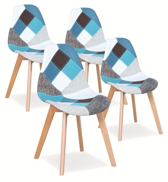 Jídelní židle - Židle - Komplet jídelní set - Kuchyňské židle - Černé židle - Modrá patchworková potahová látka - Skandinávský design