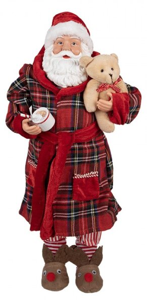 Červená vánoční dekorace Santa Claus v županu držící medvěda a hrnek s čokoládou – 50 cm