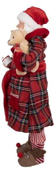 Červená vánoční dekorace Santa Claus v županu držící medvěda a hrnek s čokoládou – 50 cm