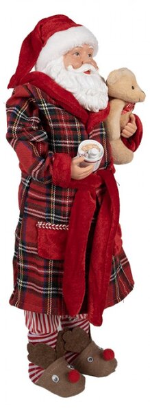Červená vánoční dekorace Santa Claus v županu držící medvěda a hrnek s čokoládou – 50 cm