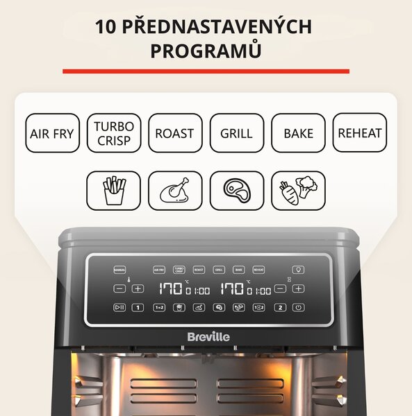 Horkovzdušná fritéza Breville Halo DUAL VDF130X, dvouzónová, 11 l