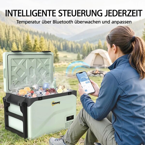 Outsunny 42,5 l přenosný elektrický chladicí box (12/24/240 V) – kompresorová lednice/mrazák, Bluetooth, LED displej, režimy ECO/MAX, madlo, držák, ko