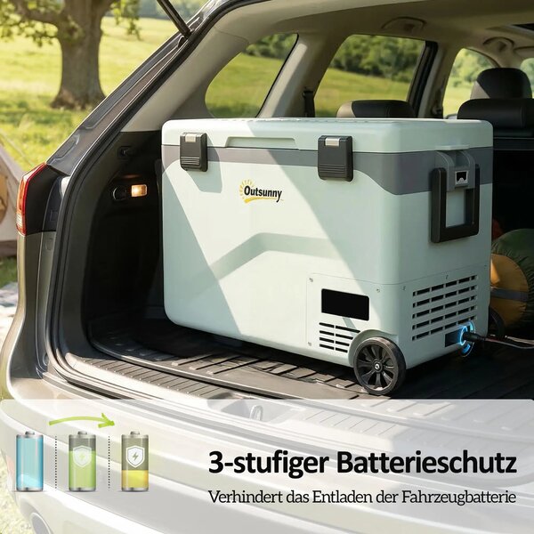 Outsunny 42,5 l přenosný elektrický chladicí box (12/24/240 V) – kompresorová lednice/mrazák, Bluetooth, LED displej, režimy ECO/MAX, madlo, držák, ko