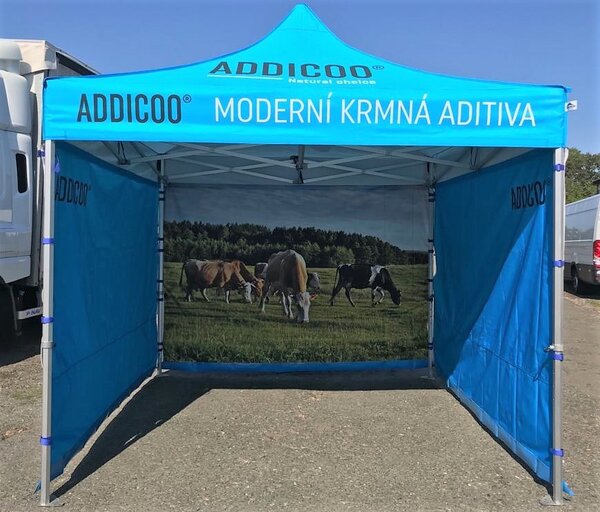 TENTino SET - Nůžkový párty stan 3x3 m s jednostranným potiskem Typ konstrukce: STEEL HEXAGON, Potisk: střecha + 3x bočnice + 1x polobočnice, Gramáž polyesteru: 230 g/m2