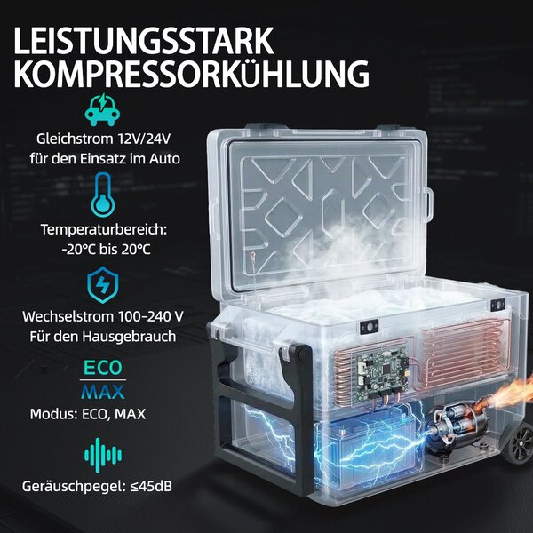 Outsunny 42,5 l přenosný elektrický chladicí box (12/24/240 V) – kompresorová lednice/mrazák, Bluetooth, LED displej, režimy ECO/MAX, madlo, držák, ko