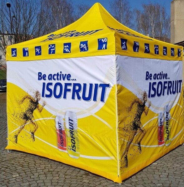 TENTino SET - Nůžkový párty stan 3x3 m s jednostranným potiskem Typ konstrukce: STEEL HEXAGON, Potisk: střecha + 3x bočnice + 1x polobočnice, Gramáž polyesteru: 230 g/m2