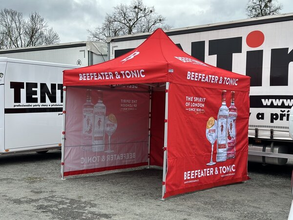TENTino SET - Nůžkový párty stan 3x3 m s jednostranným potiskem Typ konstrukce: STEEL HEXAGON, Potisk: střecha + 3x bočnice + 1x polobočnice, Gramáž polyesteru: 230 g/m2