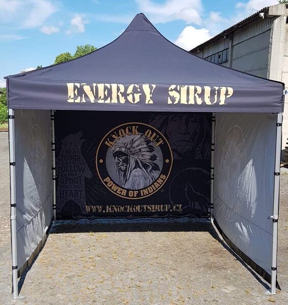 TENTino SET - Nůžkový párty stan 3x3 m s jednostranným potiskem Typ konstrukce: STEEL HEXAGON, Potisk: střecha + 3x bočnice + 1x polobočnice, Gramáž polyesteru: 230 g/m2