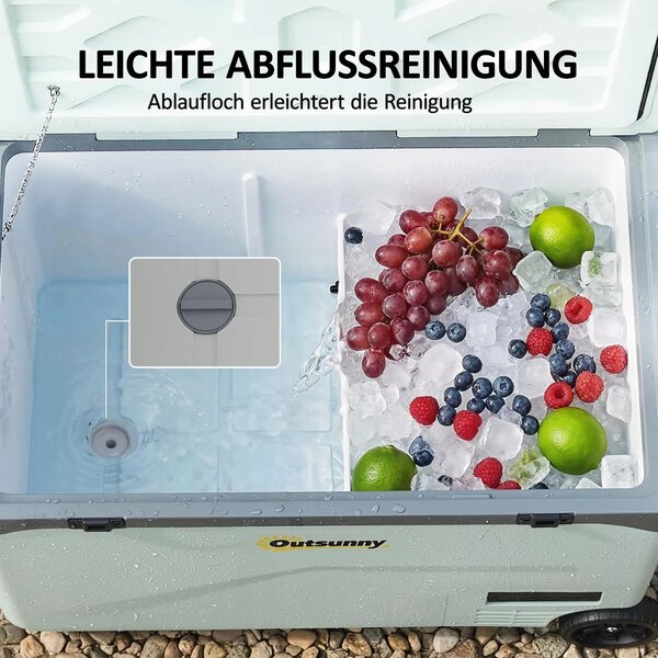 Outsunny 42,5 l přenosný elektrický chladicí box (12/24/240 V) – kompresorová lednice/mrazák, Bluetooth, LED displej, režimy ECO/MAX, madlo, držák, ko