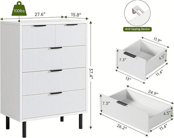 Komoda s pěti zásuvkami – moderní dřevěná komoda s kovovými nohami a designem s vlnitými panely