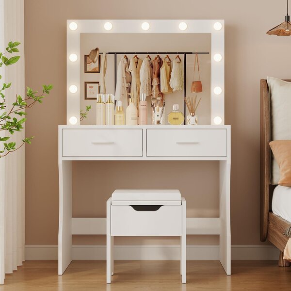 Velký toaletní stolek s LED osvětlením a zrcadlem, rozměry 74 x 52 cm, s nastavitelnou intenzitou a barvou světla. Kosmetický stolek s 11 LED žárovkami, bílý