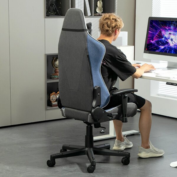 Ergonomická herní židle Vinsetto s opěrkami, opěrkou hlavy, nastavitelnou výškou a sklápěcí kancelářská herní židle v lněné tkanině s houpací funkcí a